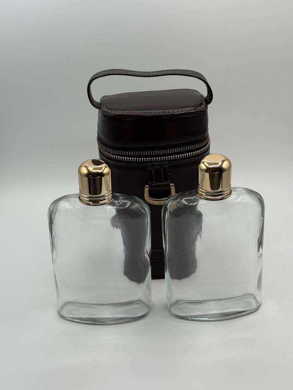 Vintage Travel Liquor Flask Set 2 Glass Bottles Case SWIFT Zipper Barware